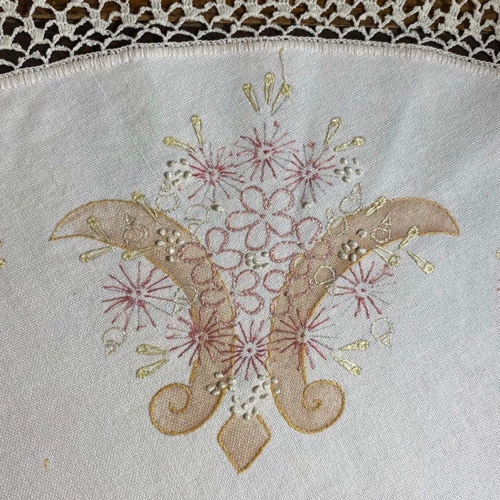 Vintage Tablecloth Centerpiece Hand Embroidered Harvest Basket Crochet Edge